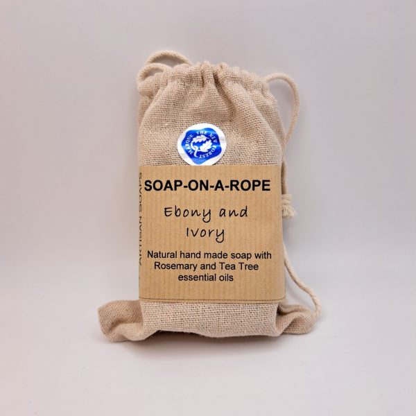 Ebony and Ivory soap on a rope in cotton bag